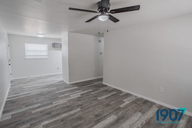 Living area with plank flooring and a ceiling fan