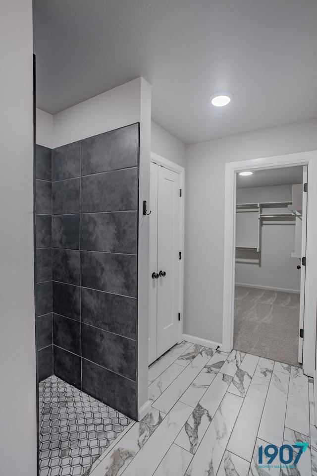 Walk-in shower with dark tile