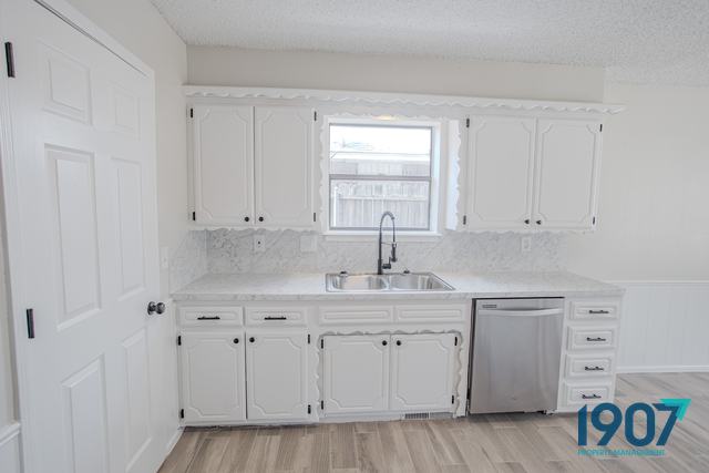 Kitchen sink and dishwasher beneath a window